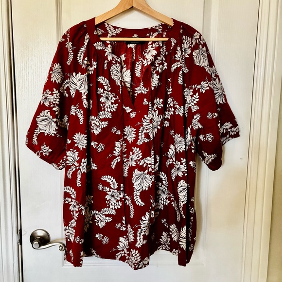 Lane Bryant Tops - Lane Bryant Sz 22 Rust Floral Cotton Classic Raglan Elbow Sleeve Tie Neck Top